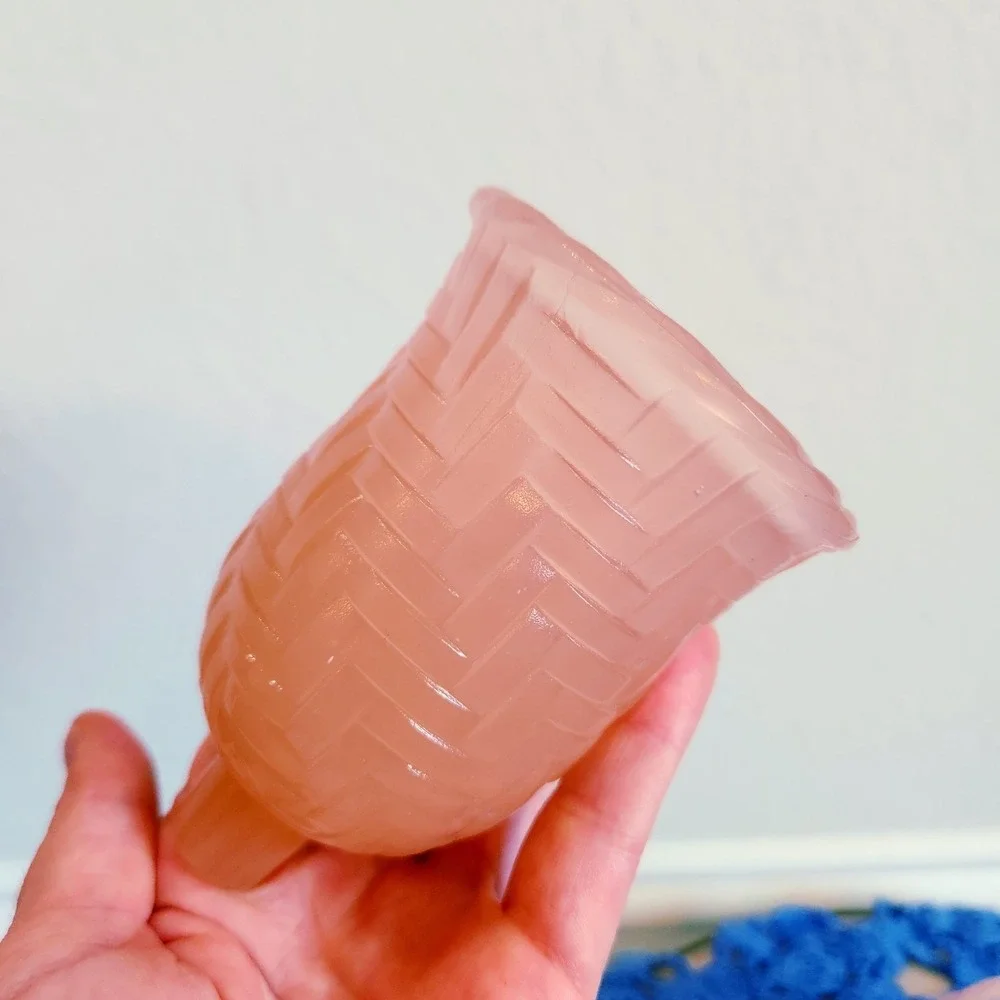Lot of 3 VTG S.N.M. Pink Opalescent Slag Glass Basketweave Peg Candle Votives
